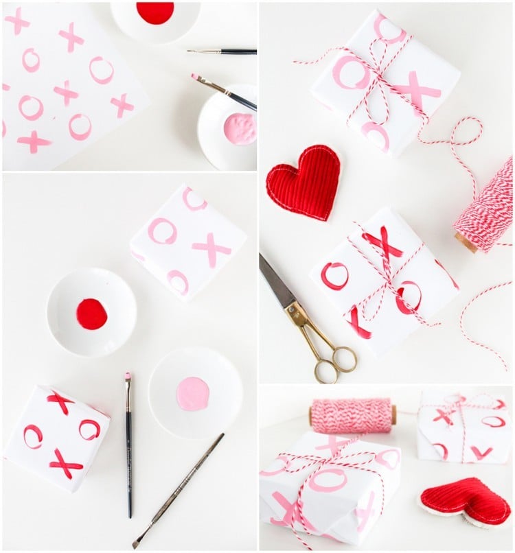 weißes Papier mit xo Muster bemalen Valentinstagsgeschenke verpacken
