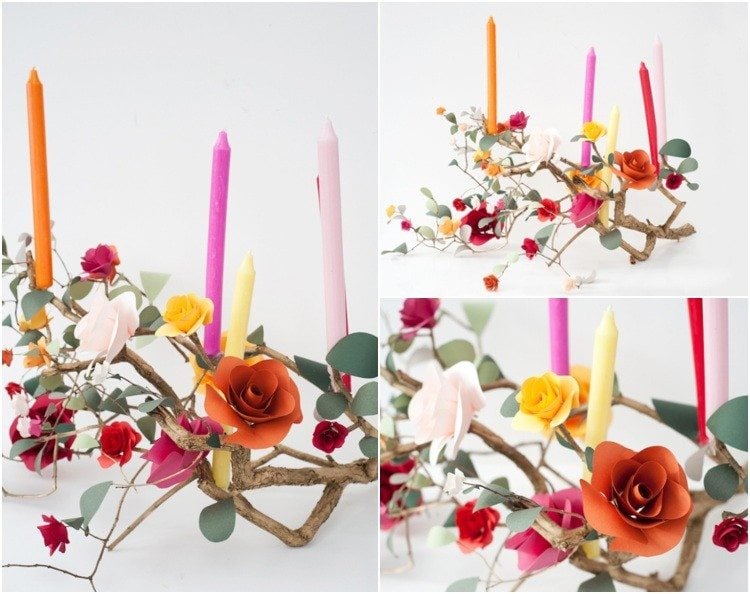 Ast Deko für Frühling mit Kerzen und Papierblumen