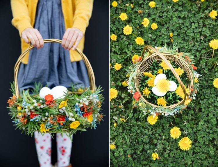 Bastelideen zum Frühling für Erwachsene und Kinder - Hübscher Osterkorb mit künstlichen Blumen