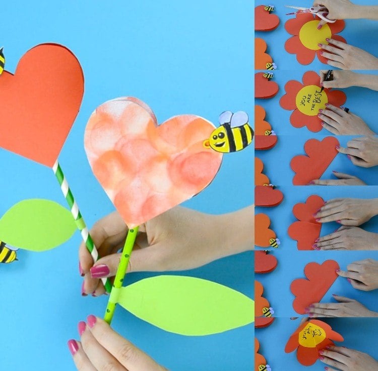 Basteln für Valentinstag mit Kindern Blumen aus Origami Herz und Trinkhalmen selber machen