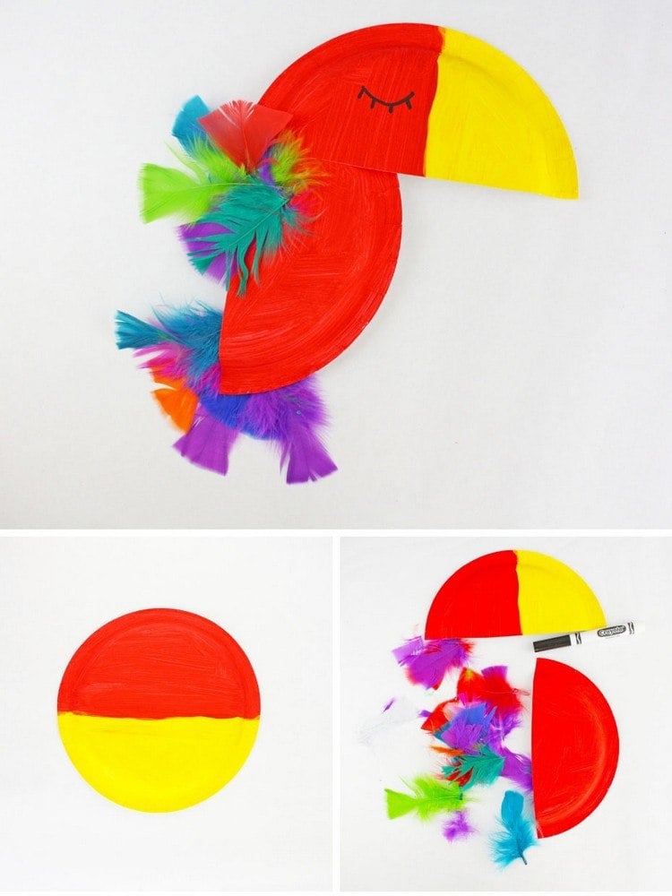 Basteln für Vorschulkinder Ideen für 5 Jahre Papagei aus Pappteller
