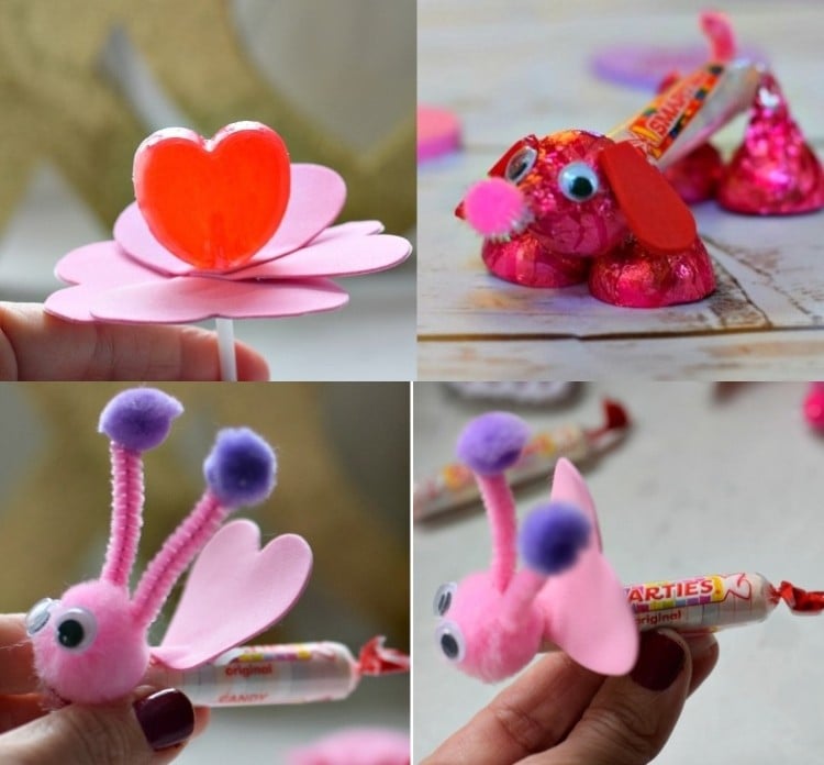Basteln zum Valentinstag mit Kindern Tiere aus Süßigkeiten