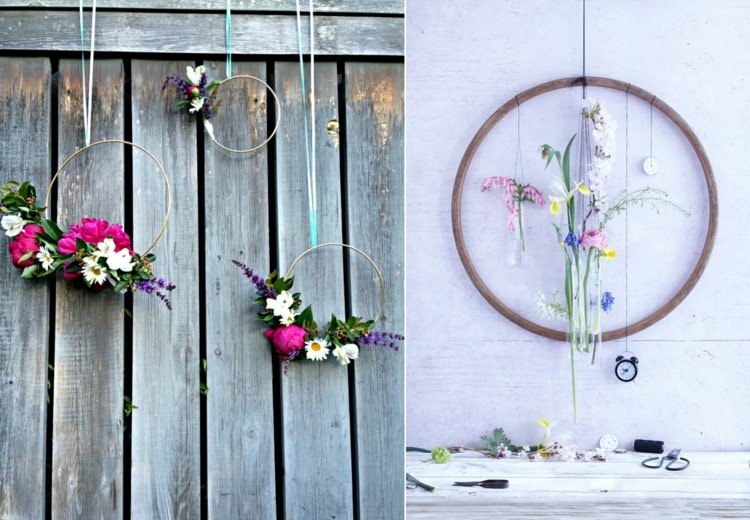 Blumenarrangement mit bunten Blüten oder Blumen in einen Ring hängen