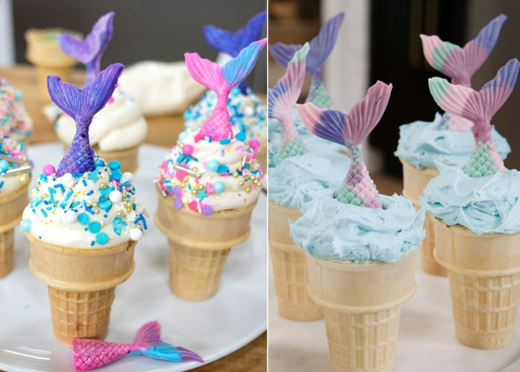 Cupcakes in Eiswaffelbechern mit Thema Meerjungfrau