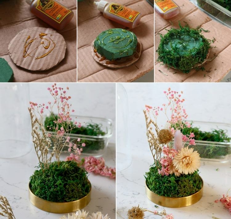 DIY Anleitung für ein Gesteck mit Kunstmoos und getrockneten Blumen für eine Glasglocke