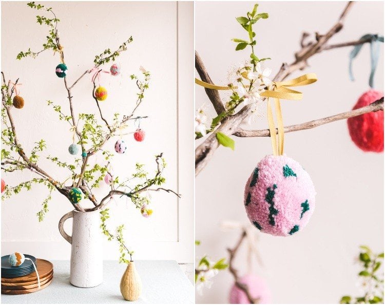 Deko mit Zweigen für Frühling Baum mit Bommel-Ostereiern in Vase