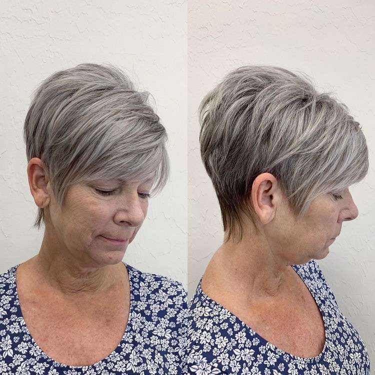 Frisuren für graue Haare mit Strähnchen Kurzhaarschnitt lange Seitenpartien