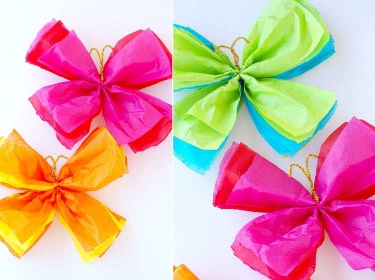 Frühlingsbasteln mit Grundschulkindern - Schmetterlinge aus Seidenpapier in bunten Farben