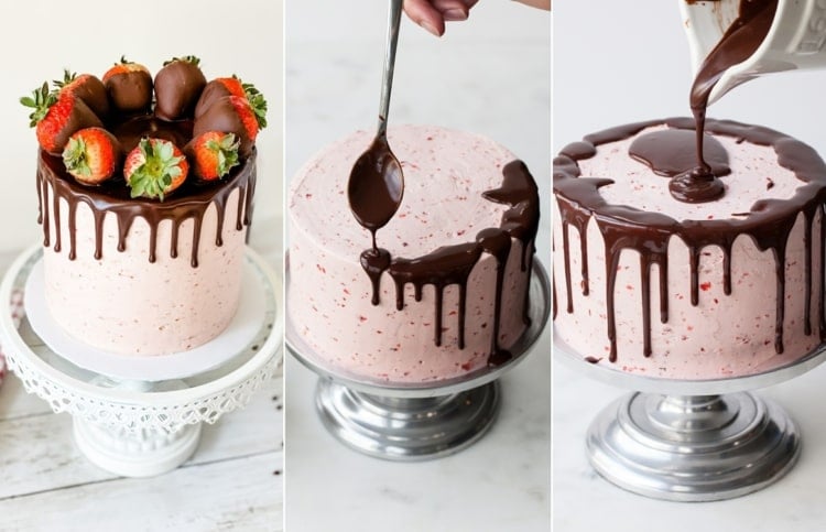Idee für Dripped Cake mit Erdbeer Deko aus Schokolade