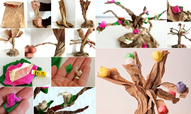 Papierbaum basteln und mit Blüten aus Papier, Bommeln oder Knete schmücken