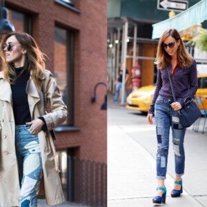 Patchwork Jeans im Frühling tragen mit Bluse stylen Ideen