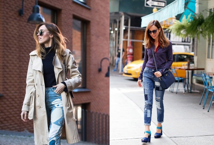 Patchwork Jeans im Frühling tragen mit Bluse stylen Ideen