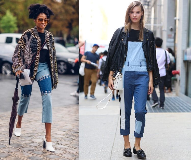 Patchwork Jeans mit Lederjacke und Loafers tragen