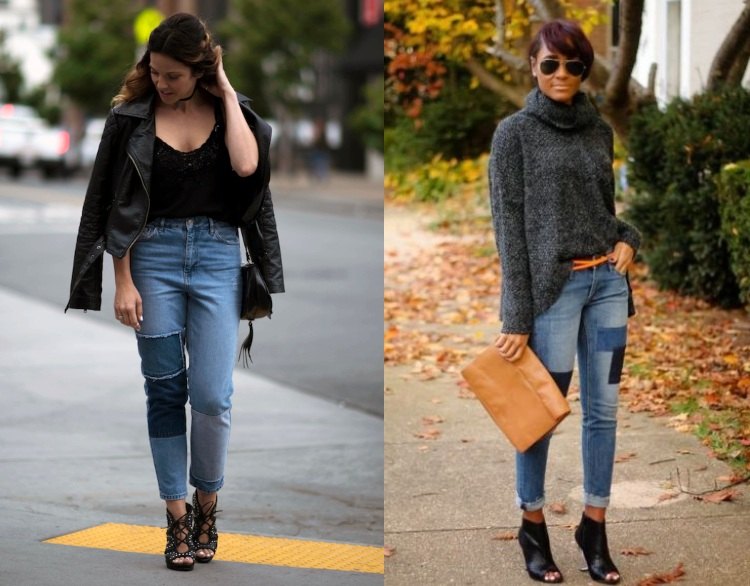 Patchwork Jeans mit Pullover tragen Ideen für Outfits für Frühling