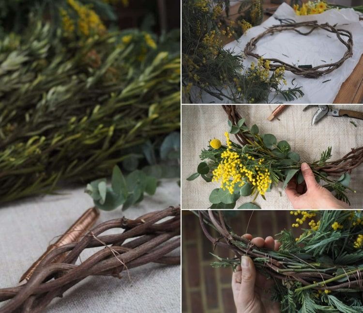 Türkränze zum Frühling aus Naturmaterialien basteln - Sträußchen aus Craspedia, Eukalyptus und Mimose binden