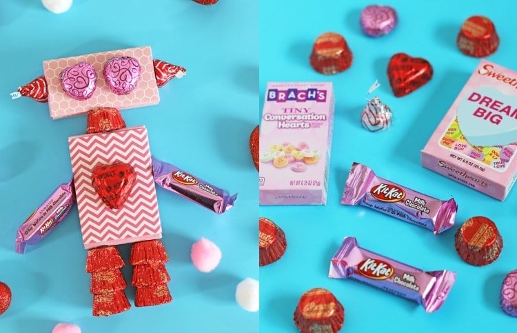 Valentinstag Geschenk für Kindergarten basteln Roboter aus Süßigkeiten zusammenstellen