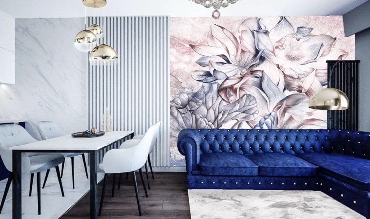 blaues chesterfield sofa in xxl variante im glamour wohnzimmer