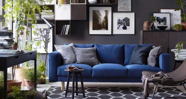 dunkelblaues sofa vor einer grauen wand