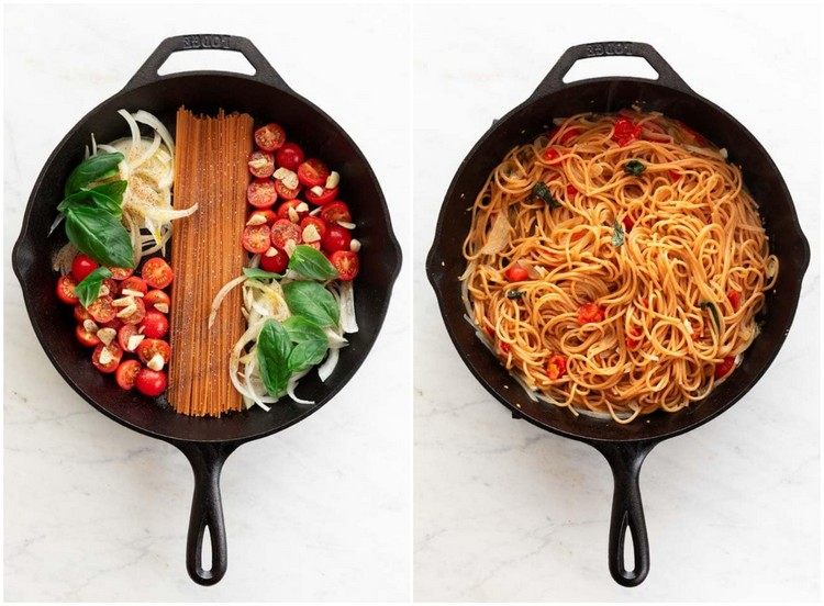 einfaches Rezept vegan One Pot Spaghetti mit Tomaten