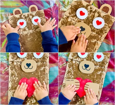 Herzchen-Augen, Schnauze, Pfoten und Herz auf die Brottüte kleben