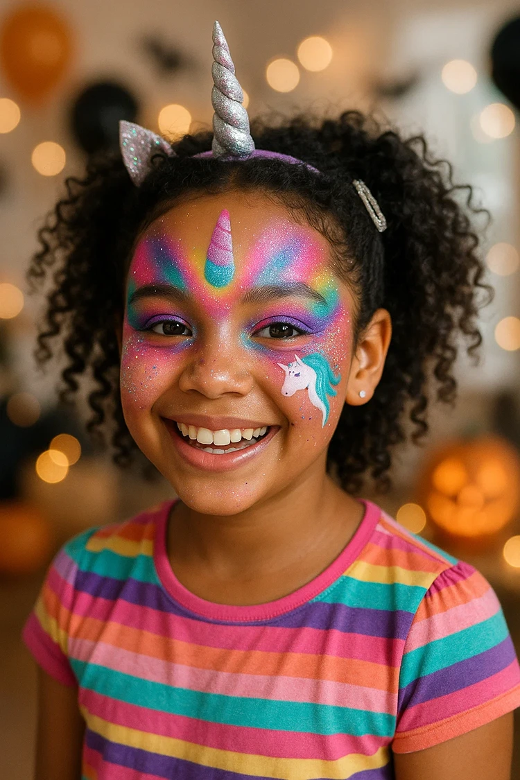 kind mit einhorn schminke in grellen farben für halloween