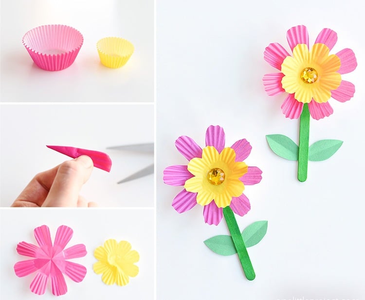 3D Blumen aus Muffinförmchen selber machen Bastelideen für Frühlingskarten