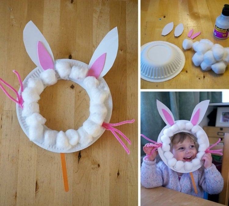 Basteln zu Ostern mit Kleinkind - Hasenmaske aus Papptellerring und Watte
