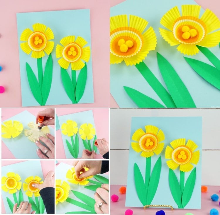 Blumen aus Muffinförmchen auf Frühlingskarten kleben Bastelideen für Familien mit Kindern im Vorschulalter