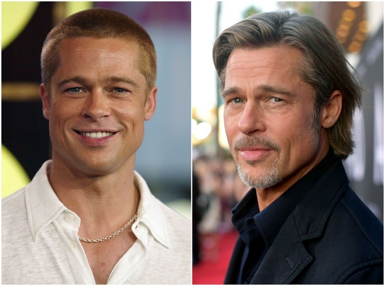 Brad Pitt mit längerem Haar und Bart mit weißen Haaren