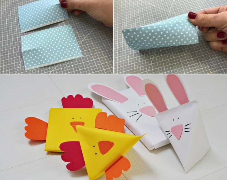 Dreieckige Verpackung aus Papier für Ostern selber machen - Huhn oder weißer Hase