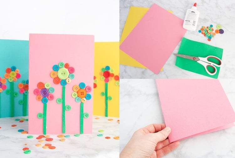 Frühlingskarten basteln Anleitung für schöne Blumen aus Knöpfen und Filz