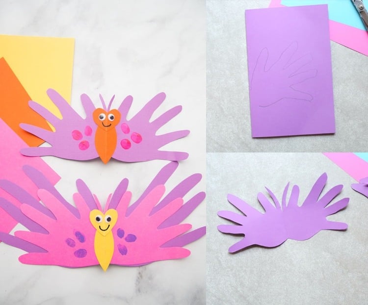 Frühlingskarten basteln mit den Kindern Schmetterlinge aus Handabdrücken selber machen