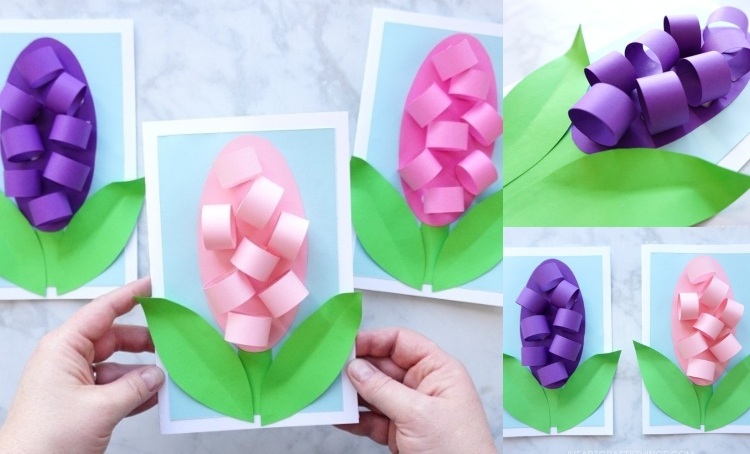 Frühlingskarten mit den Kindern selber machen Frühlingsblumen aus Tonkarton basteln
