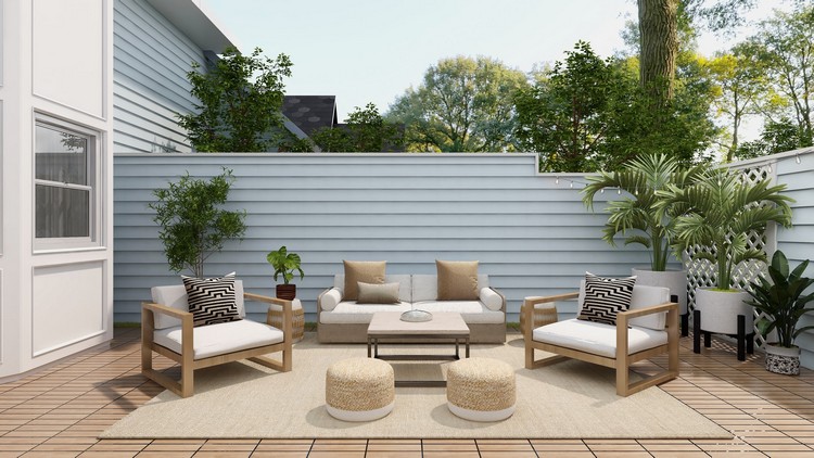 Gartensitzgruppe aus Holz Sessel und Outdoor-Sofa und Kaffeetisch arrangieren