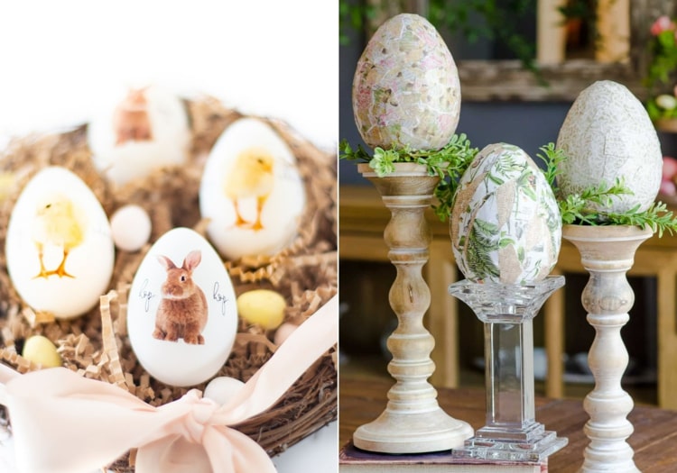 Hasen und Küken auf ausgeblasenen Eiern und dekorierte Pappmaché Eier