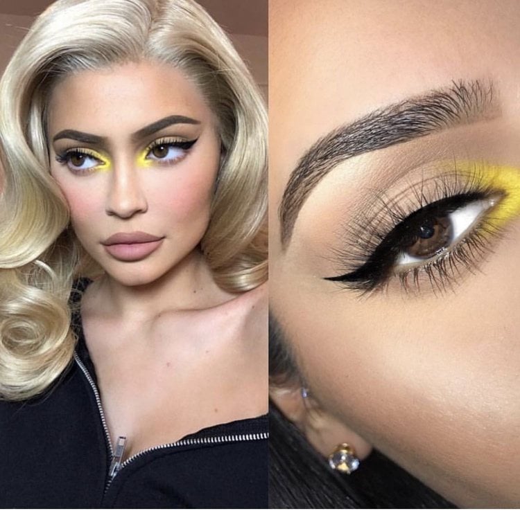 Kylie Jenner Make up mit gelbem Farbakzent im inneren Augenwinkel