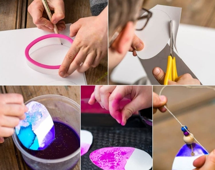 Ostereier aus Papier basteln mit Kindern - Wasserfarben und Salz kombinieren