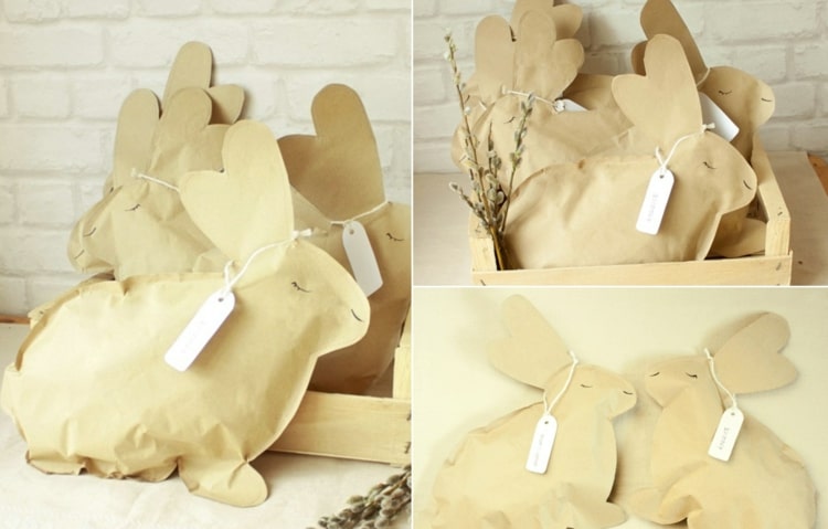 Osterverpackungen basteln in Form von Hasen aus Brotpackpapier