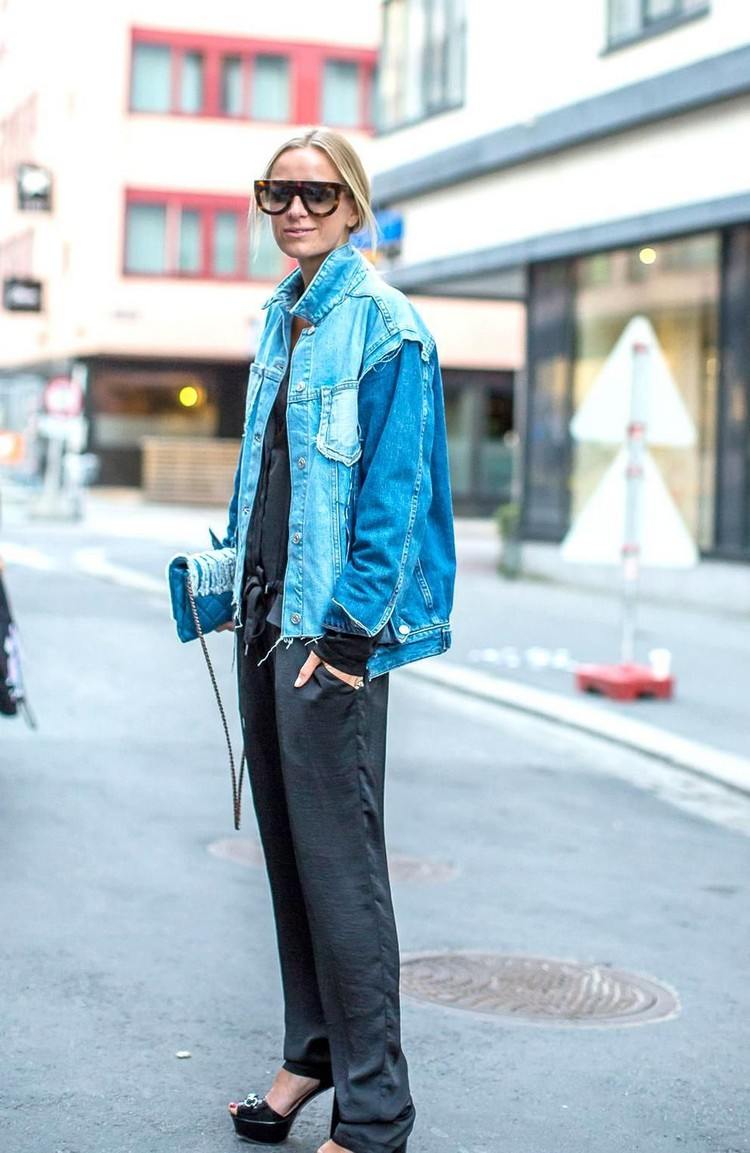 Oversize Jeansjacke kombinieren Stoffhose Outfit Frühling