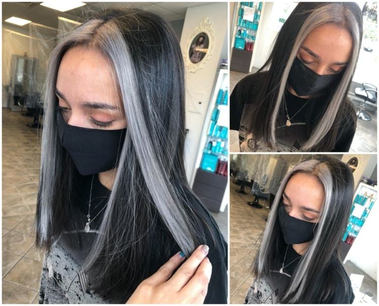 Reibedjustglut: schwarze haare mit grauen strähnen