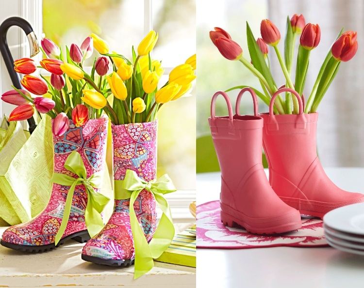 Tulpen Gesteck selber machen in Stiefeln als Vase verwenden