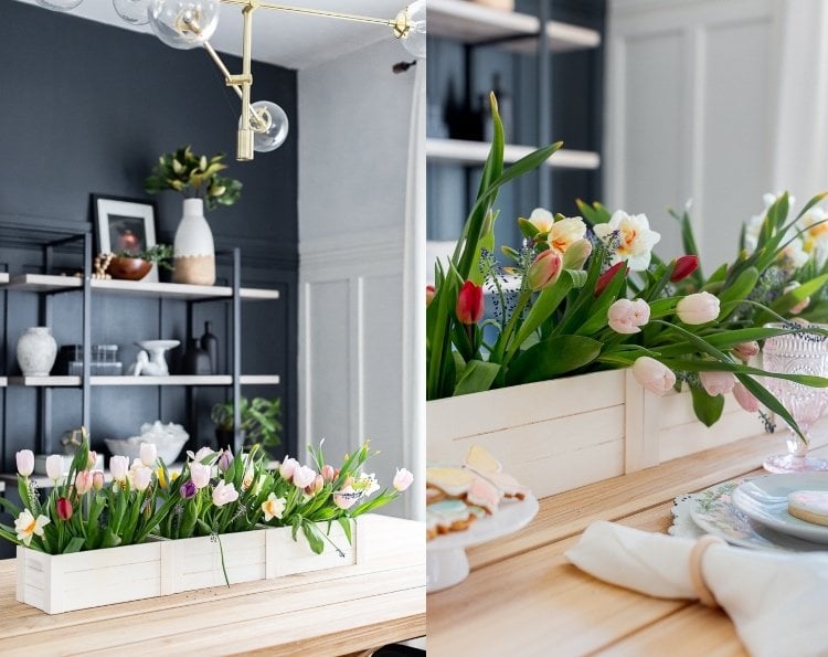 Tulpengestecke selber machen in Holzkiste arrangieren Frühlingsblumen am Ostertisch