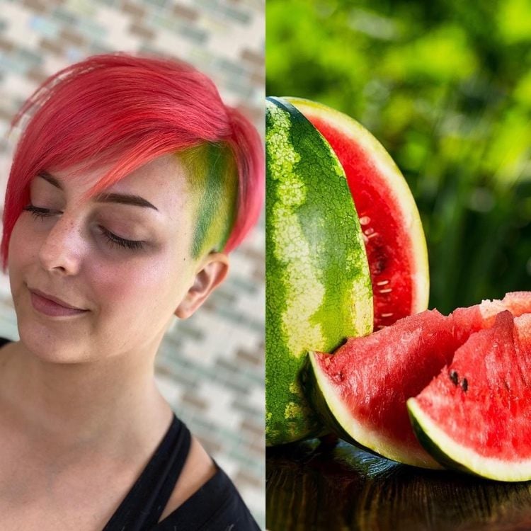 Wassermelonenrot und Grün bei einem Pixie Haarschnitt