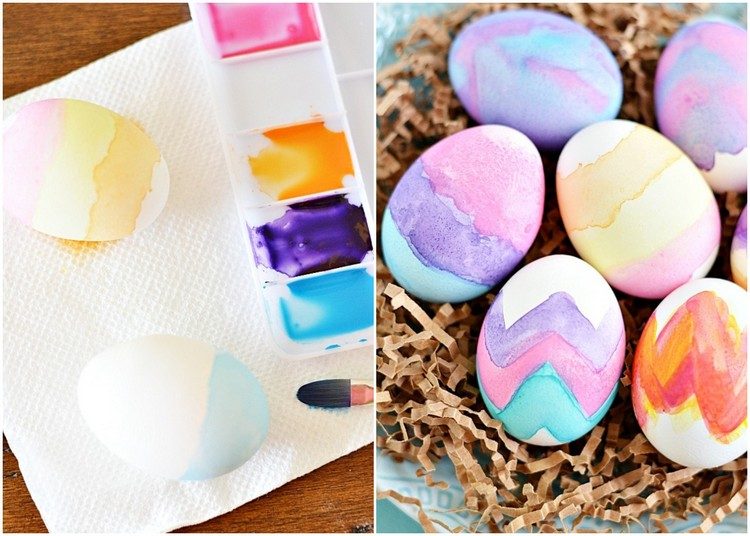 ausgeblasene Eier mit Wasserfarben bemalen