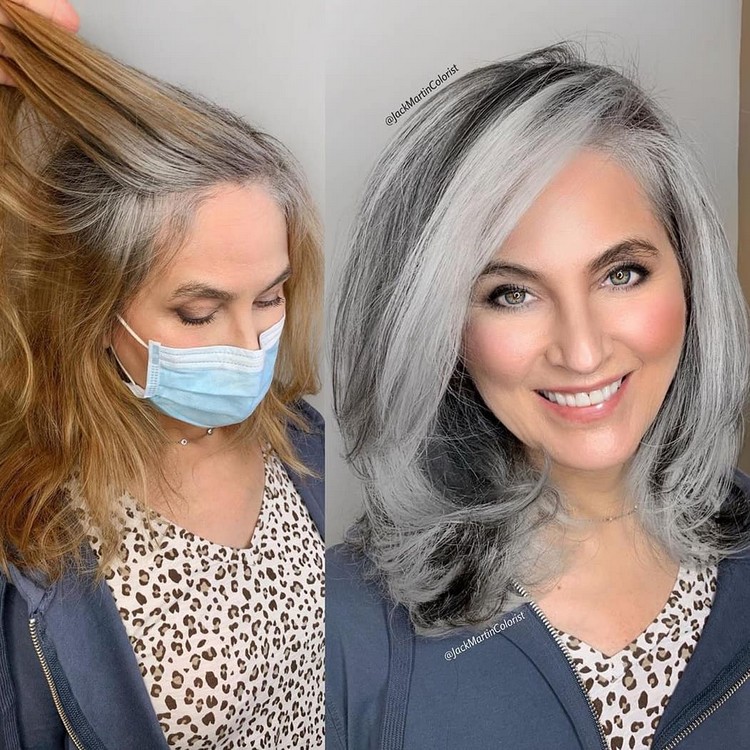 graue Haare Frisuren mittellang graue Haare rauswachsen lassen Strähnen