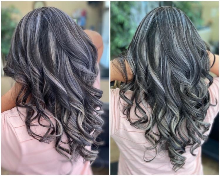 graue strähnchen bei dunklen haaren mit folien gemacht