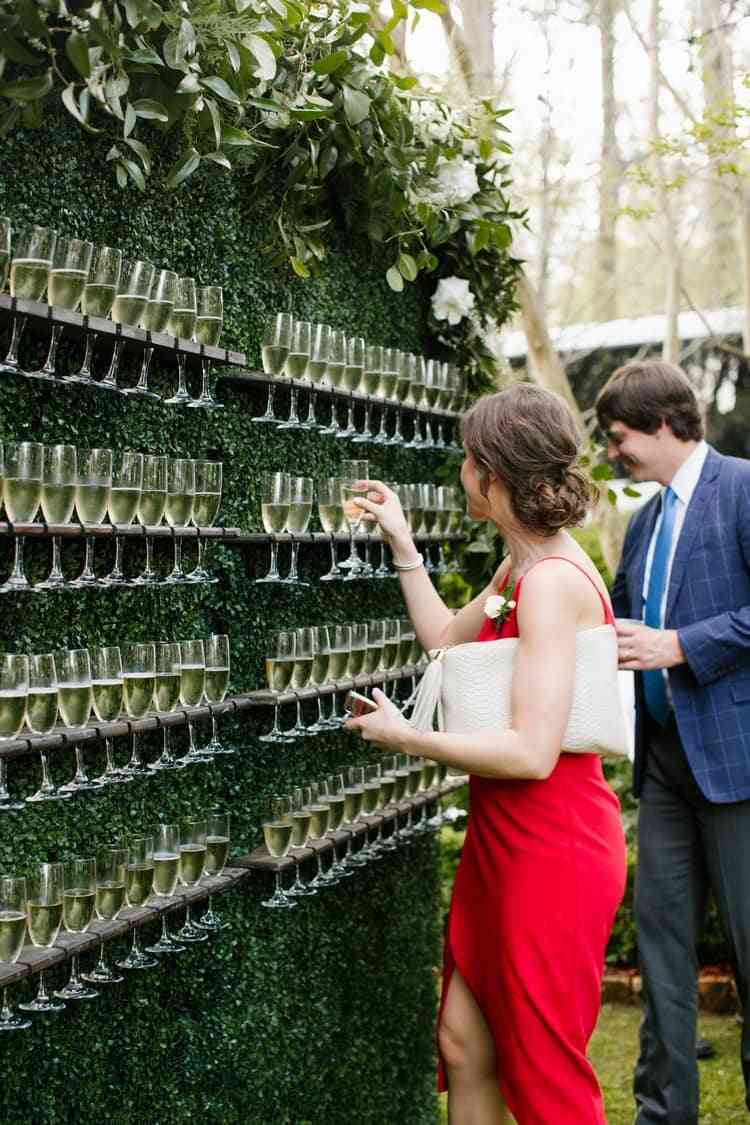 grüne Wand mit Sektgläser als Gästeempfang zur Hochzeit