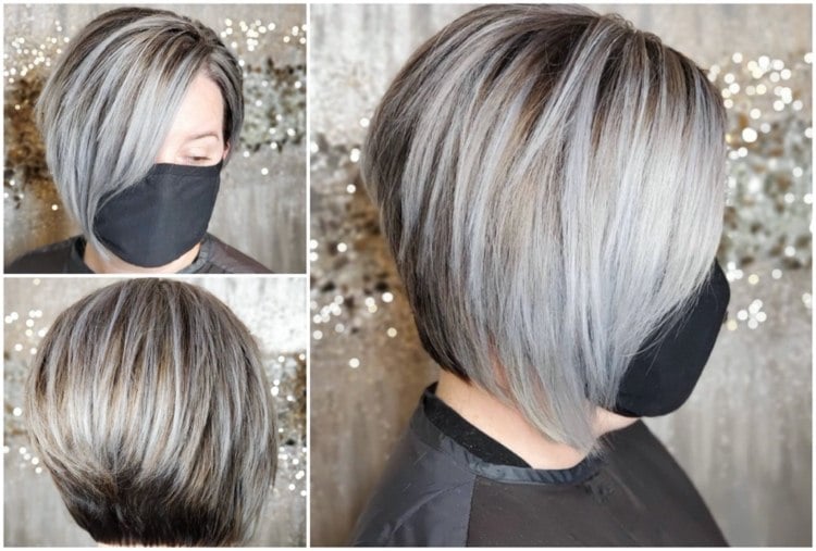 kurzhaarschnitt graue strähnchen auf braunem haar