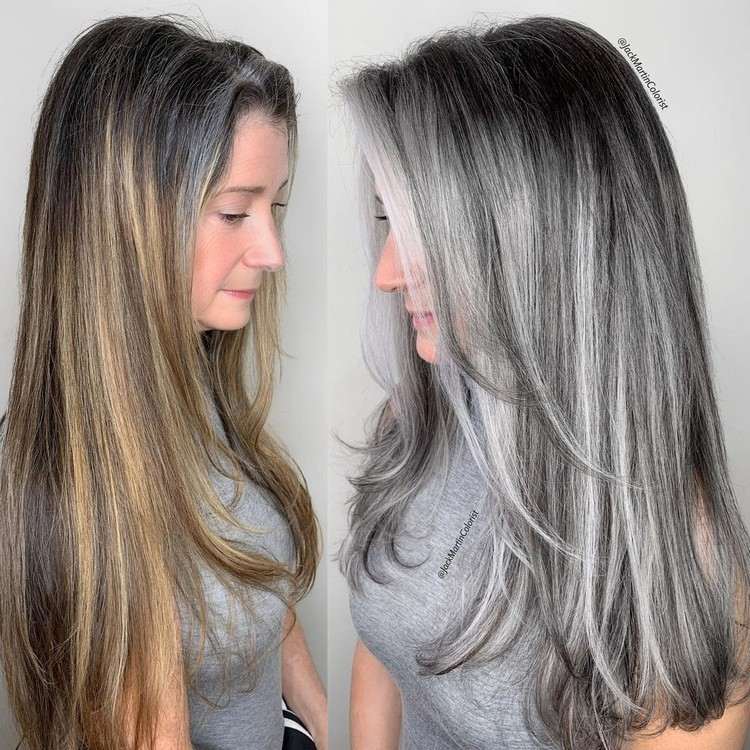 lange Haare grau färben vorher nachher Salt and Pepper Haarfarbe