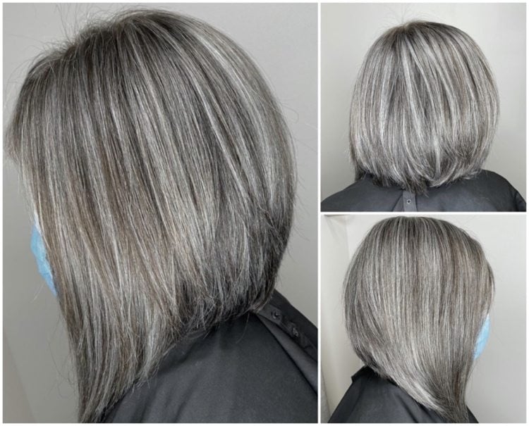 silberne strähnchen in grauen haaren bob mit a-linie